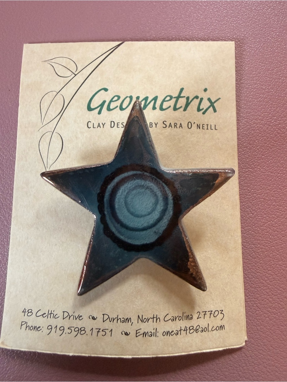 Geometrix Star Clay Brooch in Teal and Brown